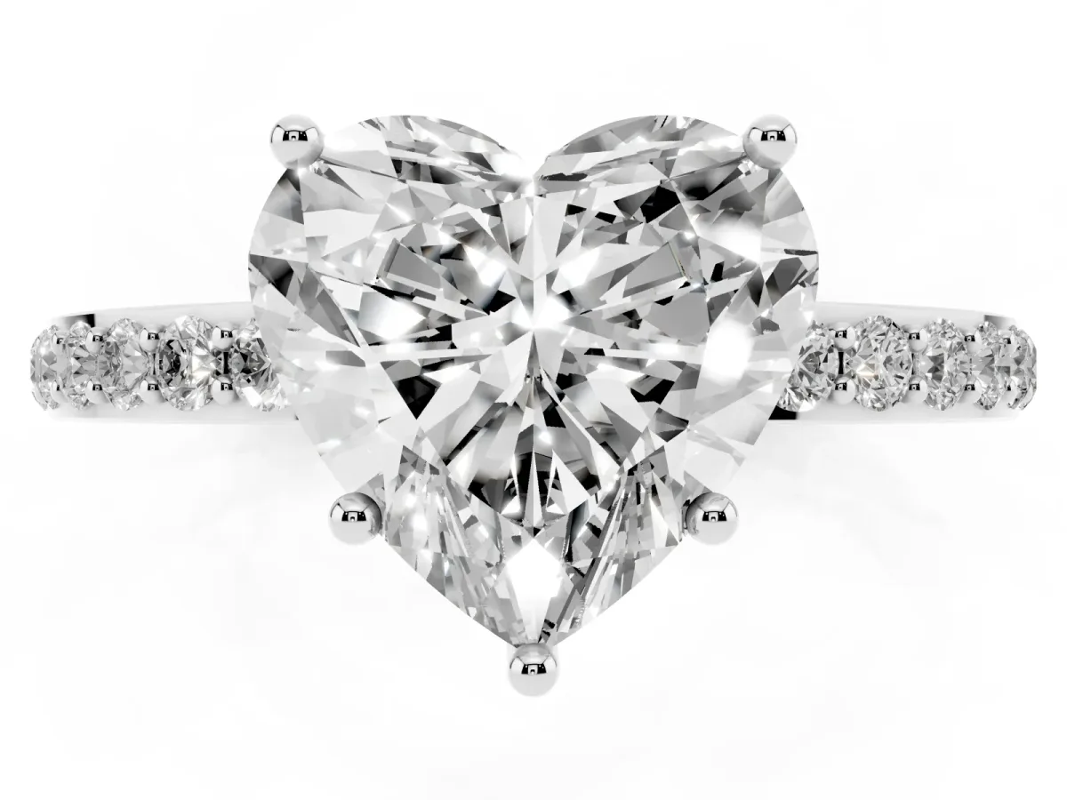 Heart Cut Diamond Solitaire Ring with Pavé Band and Hidden Halo Silver