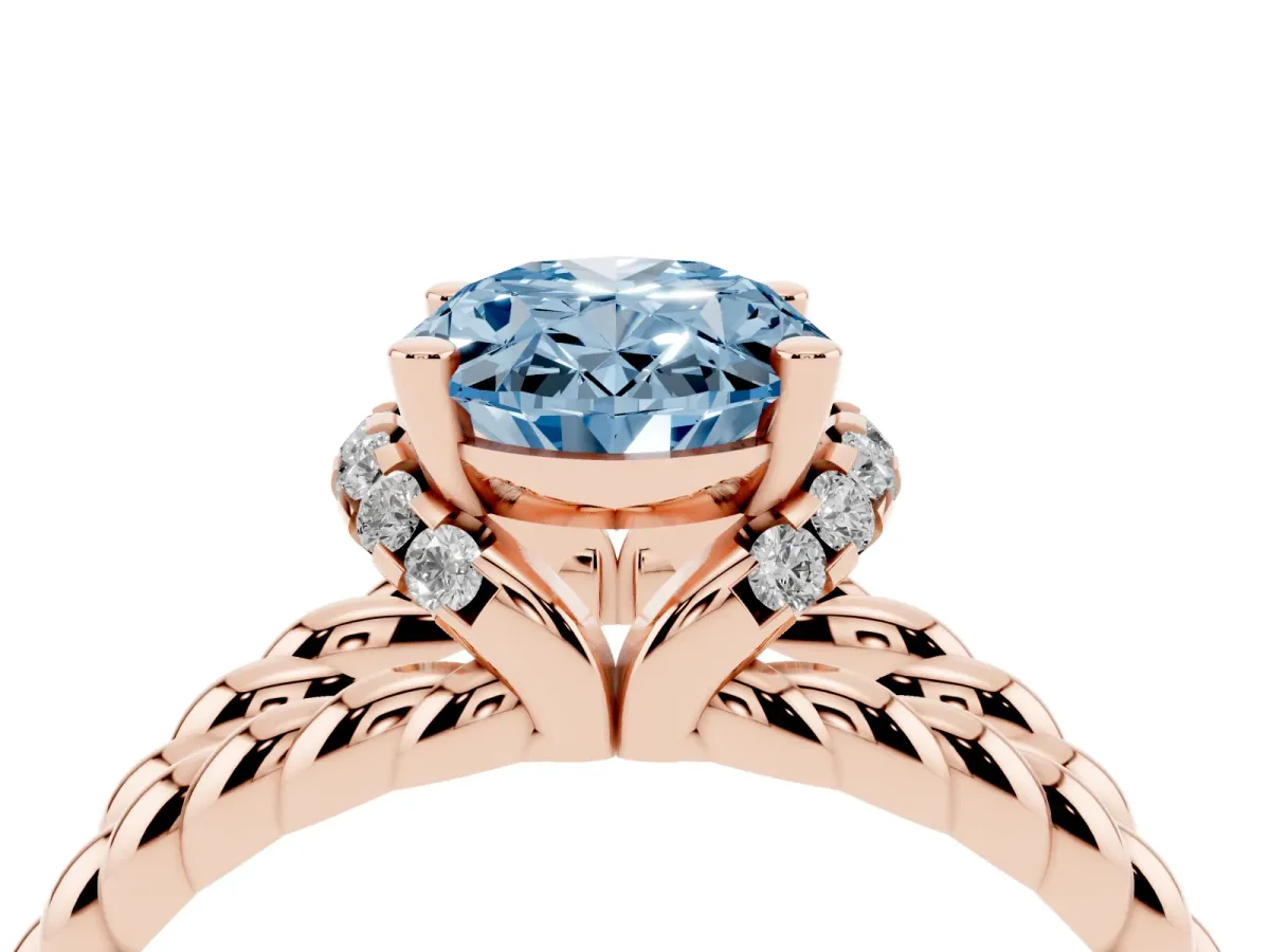 Fancy Blue Oval Cut Halo Twisted Band Four-Prong Ring Rose gold
