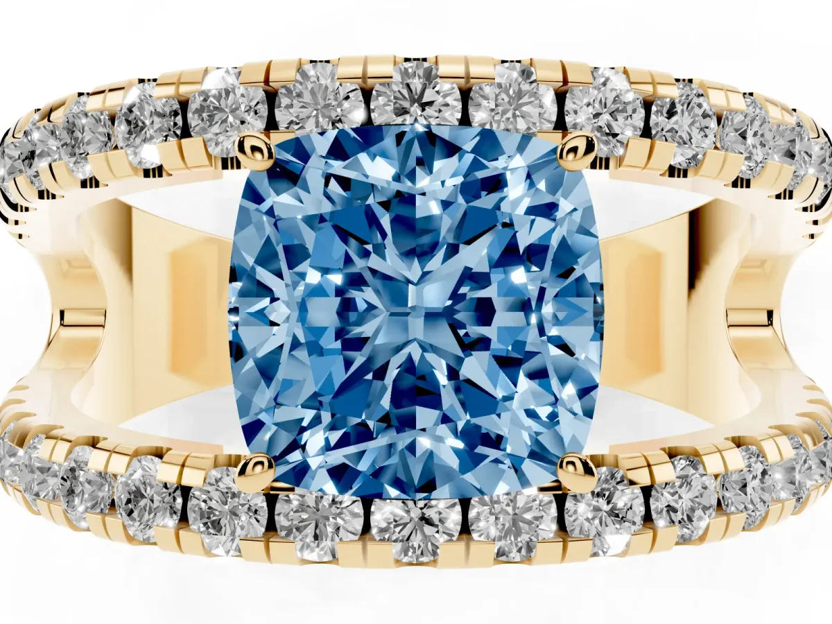 Fancy Blue Cushion Cut Solitaire Split Shank Pave Diamond Ring Yellow gold