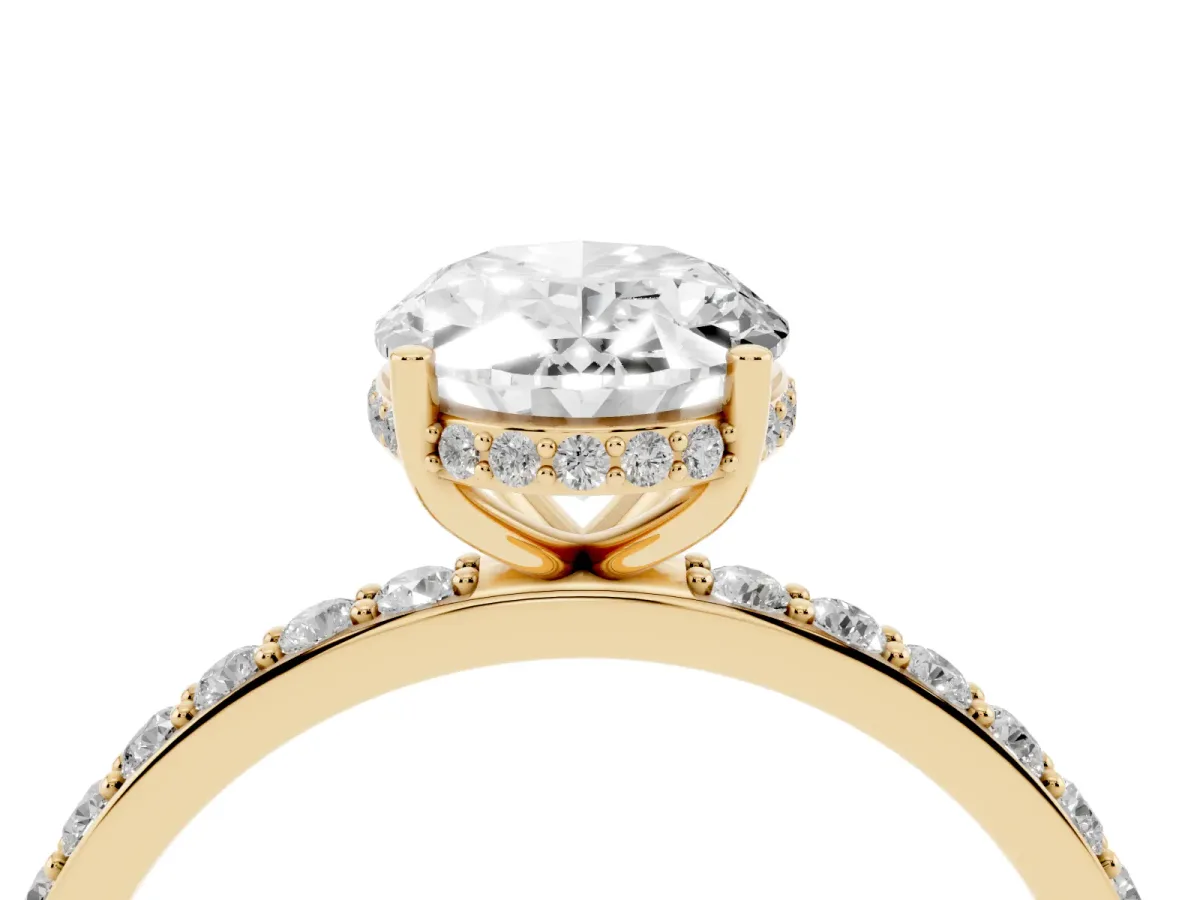 Oval Cut Diamond Solitaire Ring with Pavé Band and Hidden Halo Yellow gold
