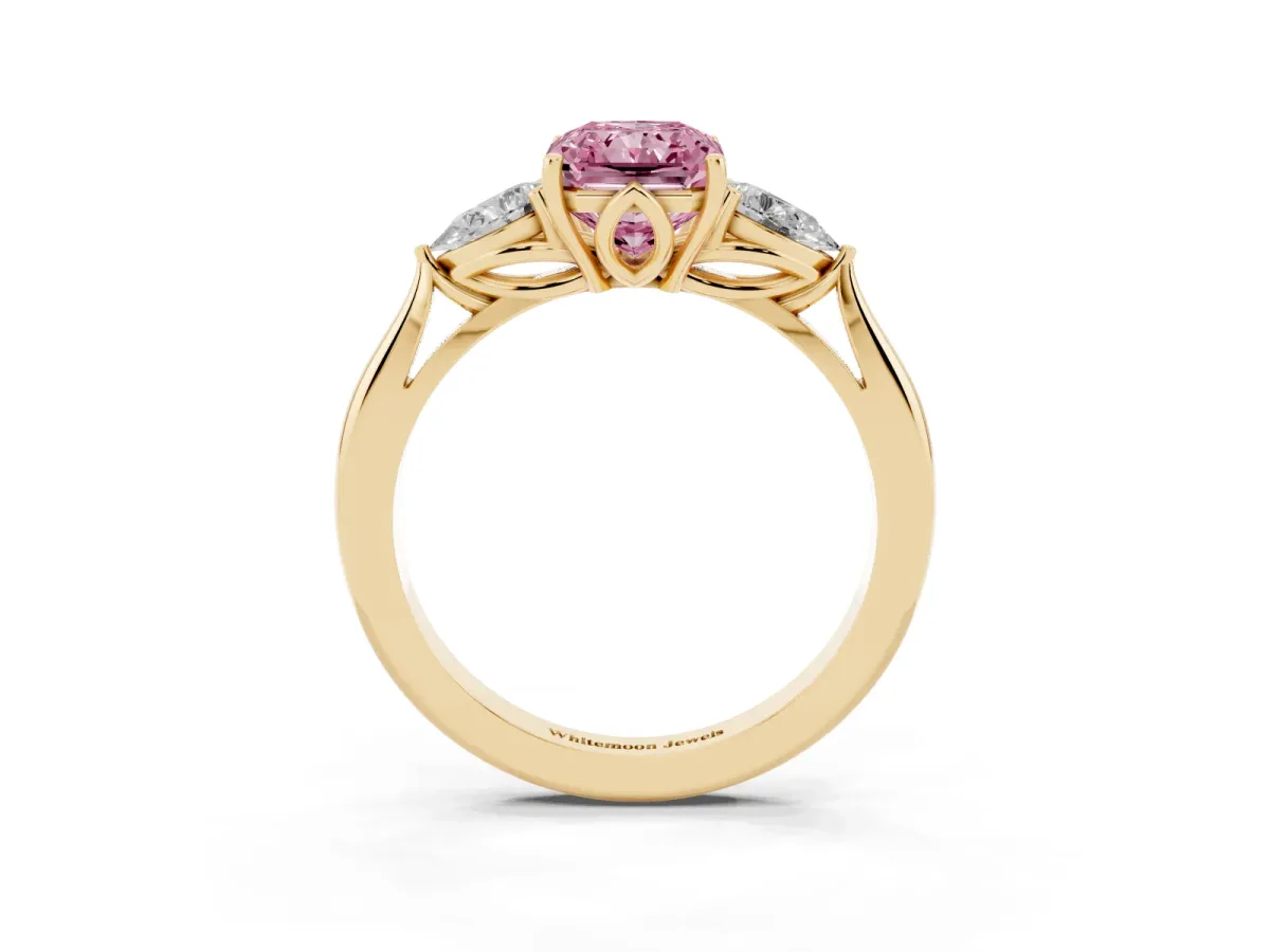 Fancy Pink Radiant Cut Diamond Three-Stone Ring with Pear Side Stones and Prong Setting Yellow gold