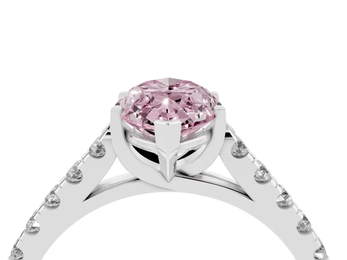 Fancy Pink Marquise Cut Diamond Pavé Band Solitaire Ring with Prong Setting Silver