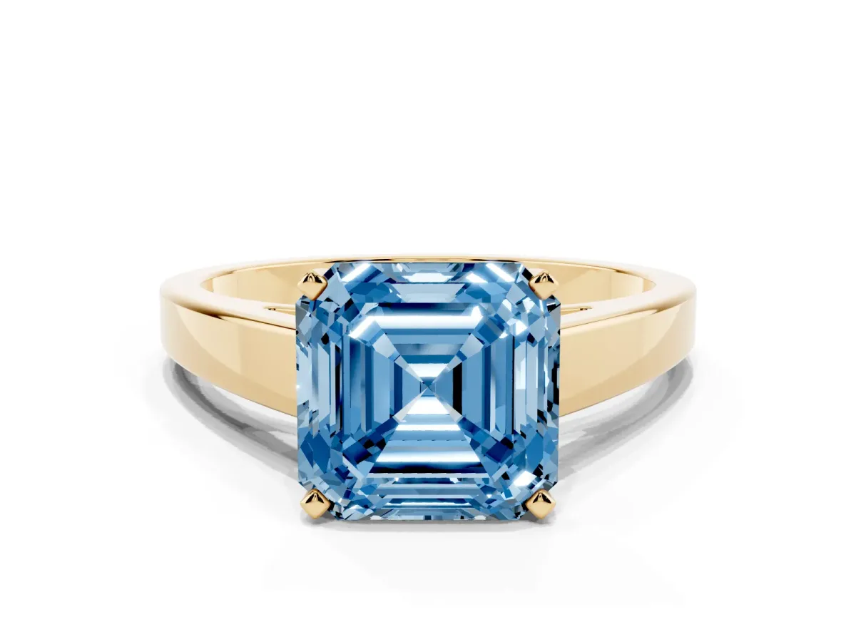 Fancy Blue Asscher Cut Solitaire Engagement Ring with Four-Prong Setting and Tapered Band Yellow gold