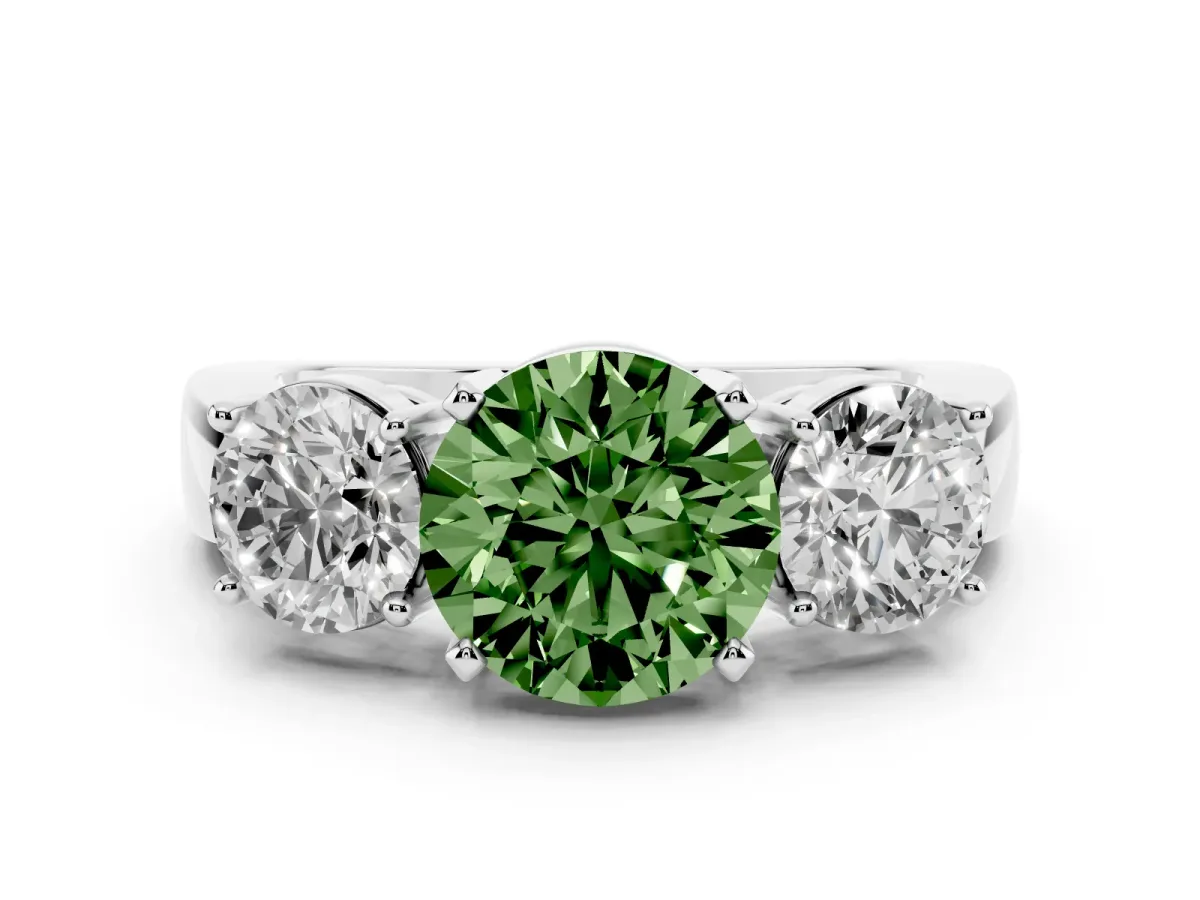 Fancy Green Three-Stone Round Cut Diamond Ring with Round Side Stones, Classic Band, and Four-Prong Setting Silver