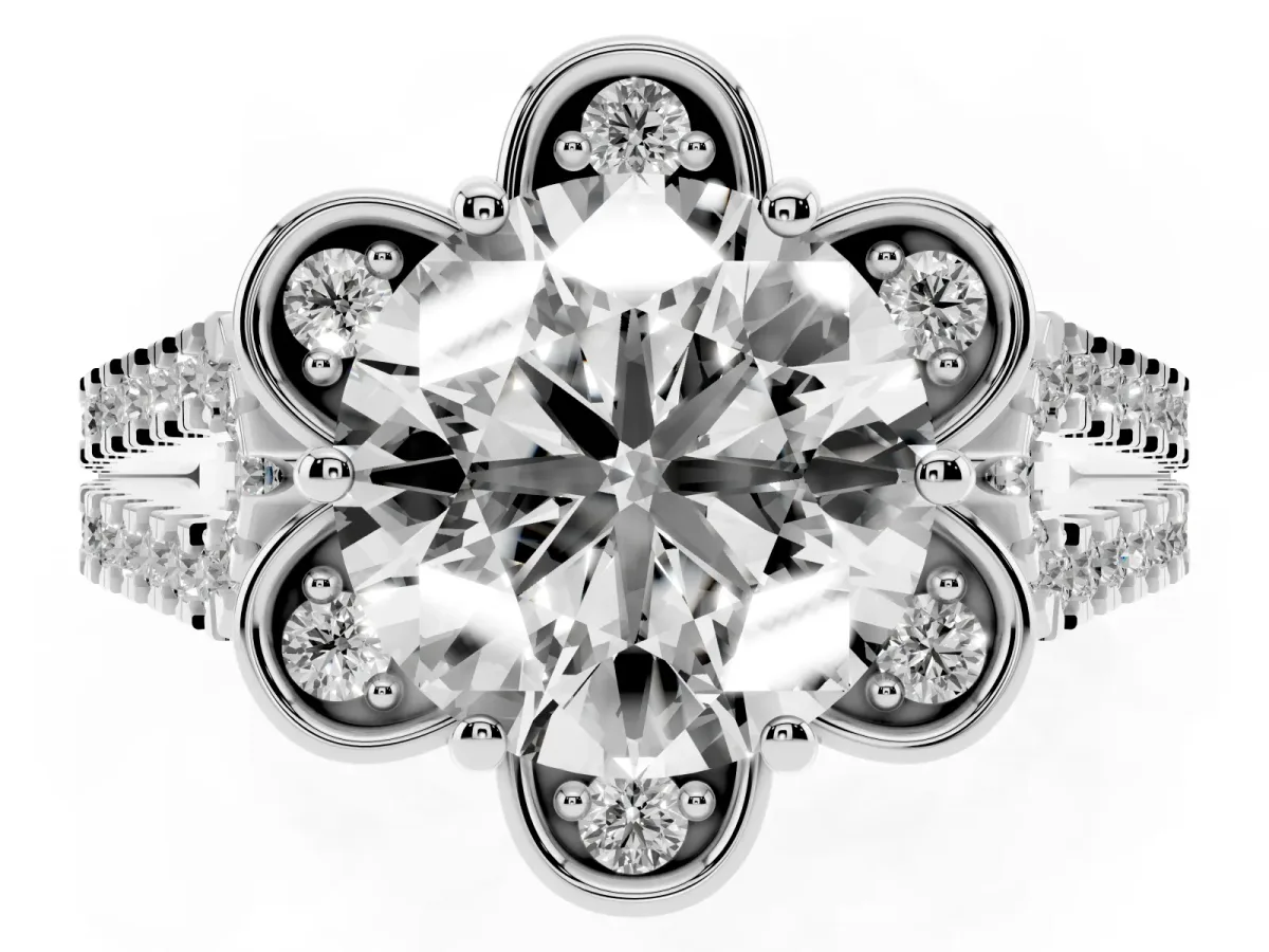 Round Cut Halo Diamond Floral Split Shank Engagement Ring Silver