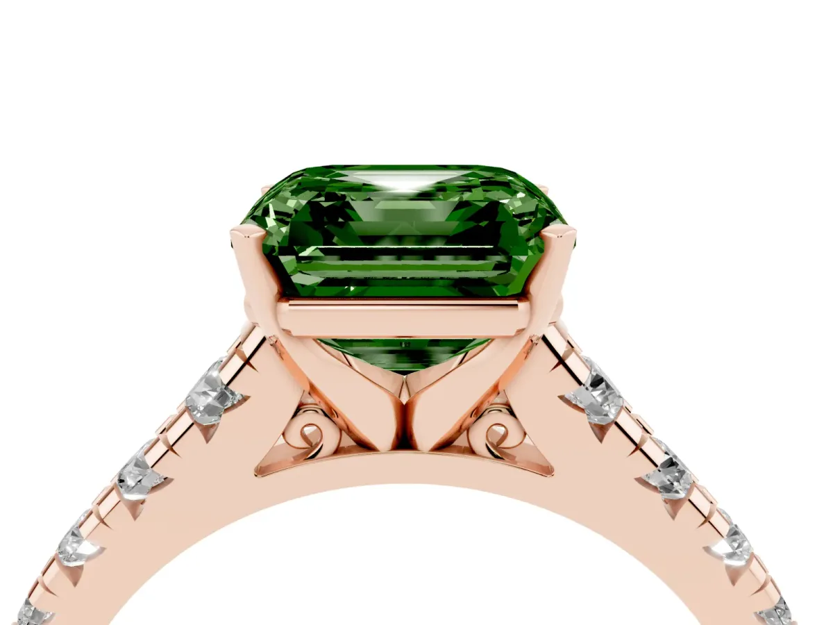 Fancy Green Asscher Cut Diamond Cathedral Solitaire Ring with Round Pavé Band Rose gold