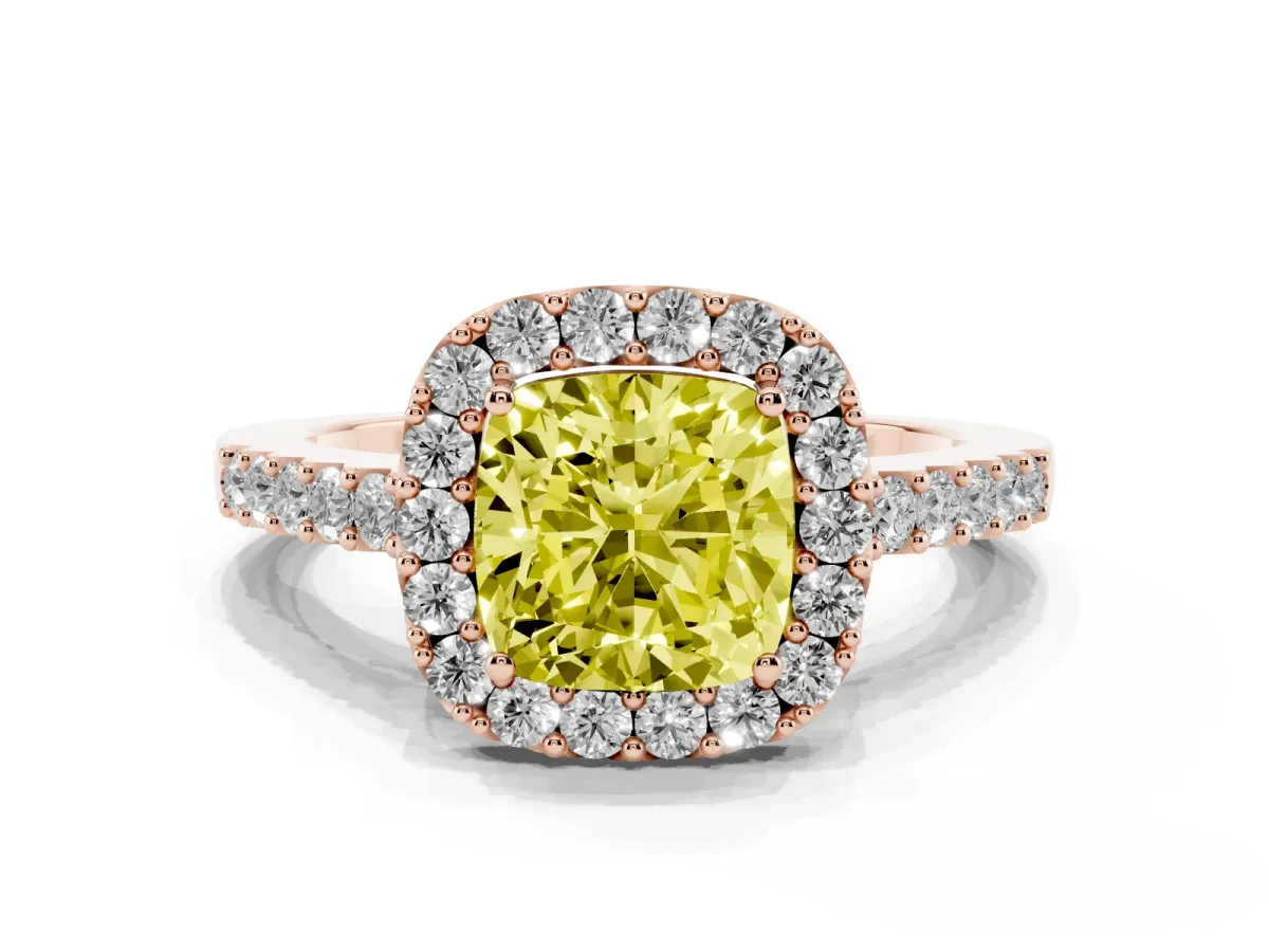 Fancy Yellow Cushion Cut Halo Diamond Pavé Solitaire Ring Rose gold