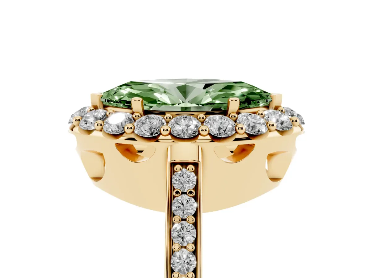 Fancy Green Marquise Cut Diamond Floral Halo Ring with Pavé Band and Prong Setting Yellow gold