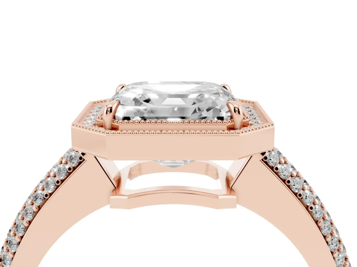Asscher Cut Cut Halo Diamond Pave Band with Four-Prong Setting Rose gold