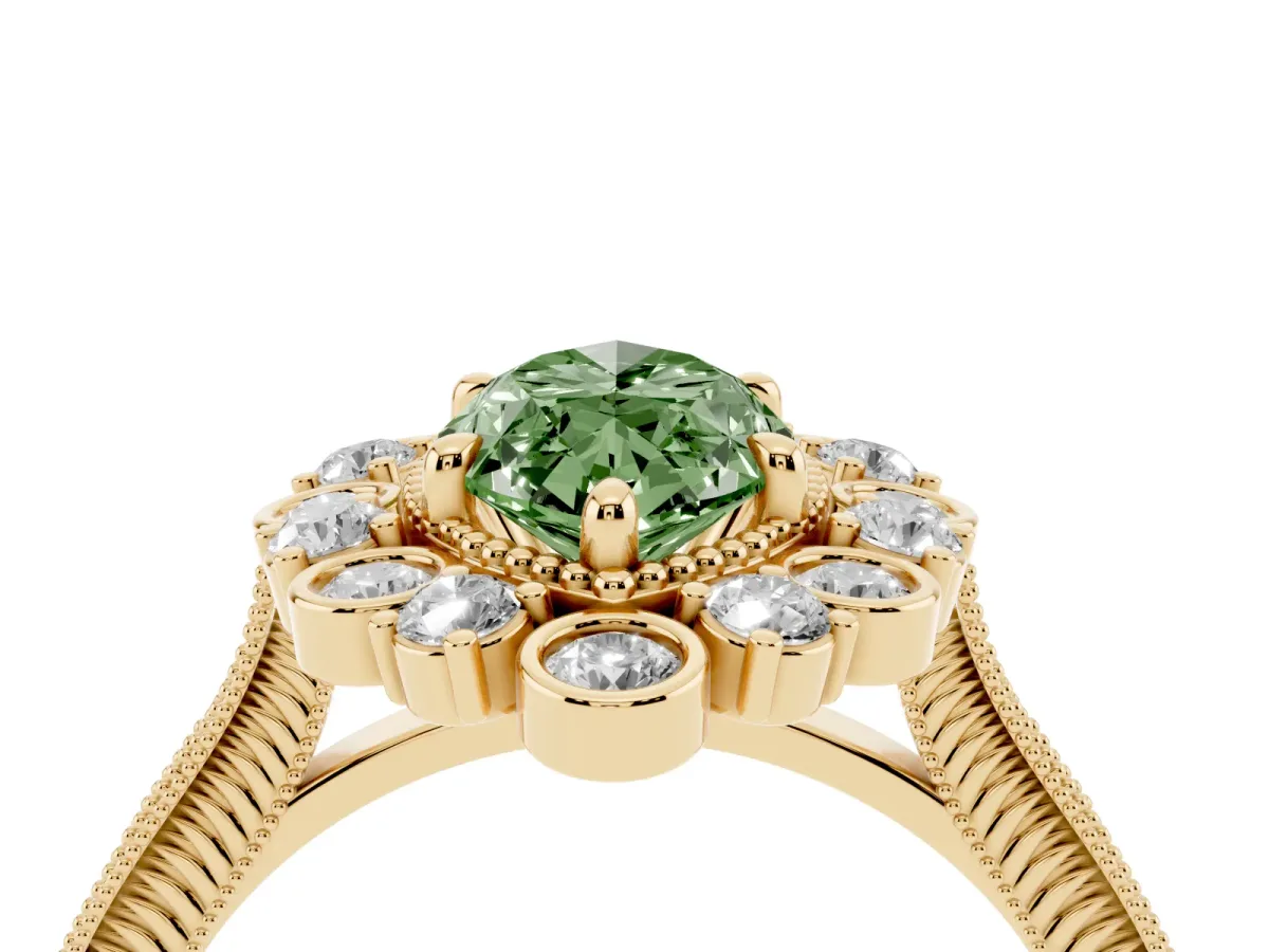 Fancy Green Marquise Cut Halo Milgrain Pave Diamond Ring with Four-Prong Setting Yellow gold