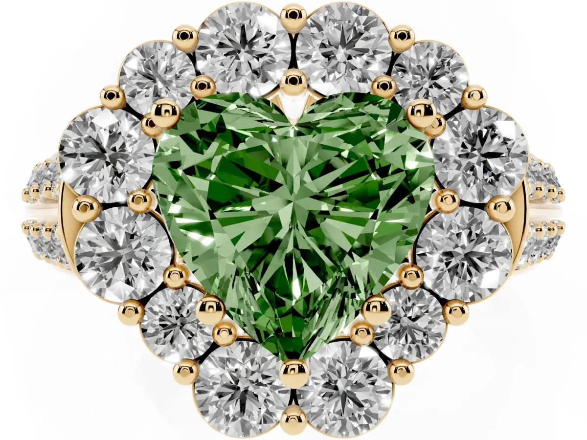 Fancy Green Heart Cut Halo Diamond Engagement Ring with Split Shank and Prong Setting Yellow gold