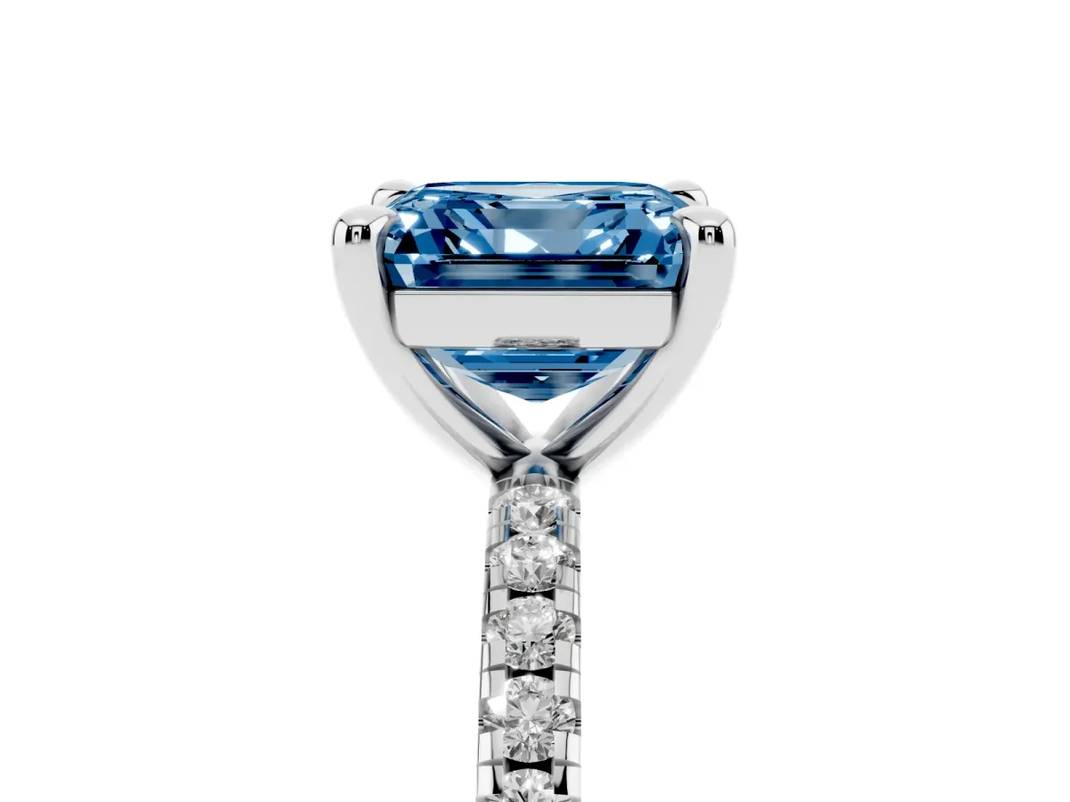 Fancy Blue Asscher Cut Diamond Brilliant Solitaire Ring with Pavé Band and Four-Prong Setting White gold