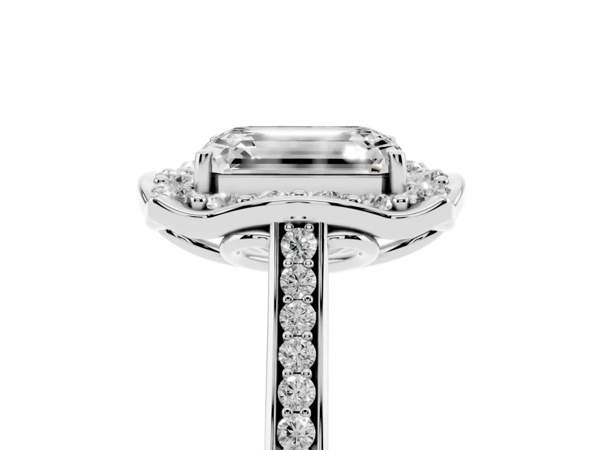 Emerald Cut Halo Round Diamond Pave Band with Four-Prong Setting Silver