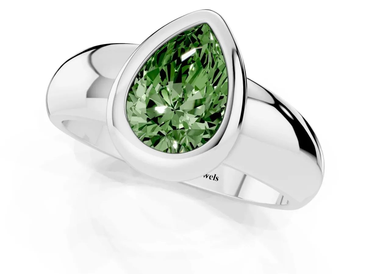 Fancy Green Bezel Set Pear Cut Solitaire Ring with Wide Band Silver