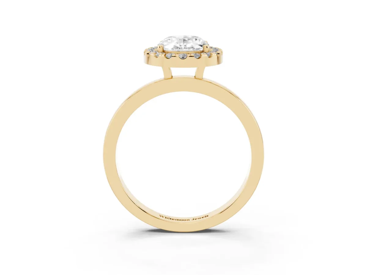 Oval Cut Halo Diamond Solitaire with Pavé Band and Four-Prong Setting Yellow gold
