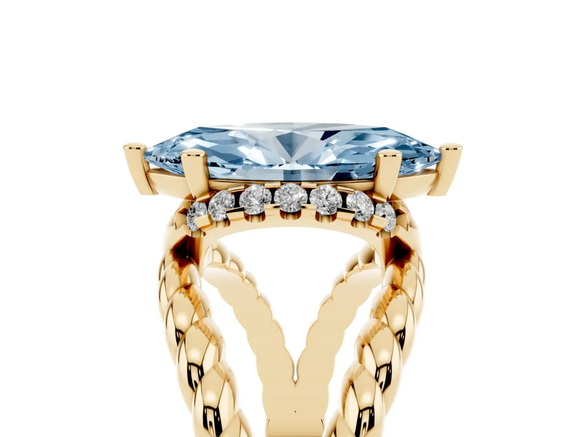 Fancy Blue Marquise Cut Halo Twisted Band Four-Prong Ring Yellow gold