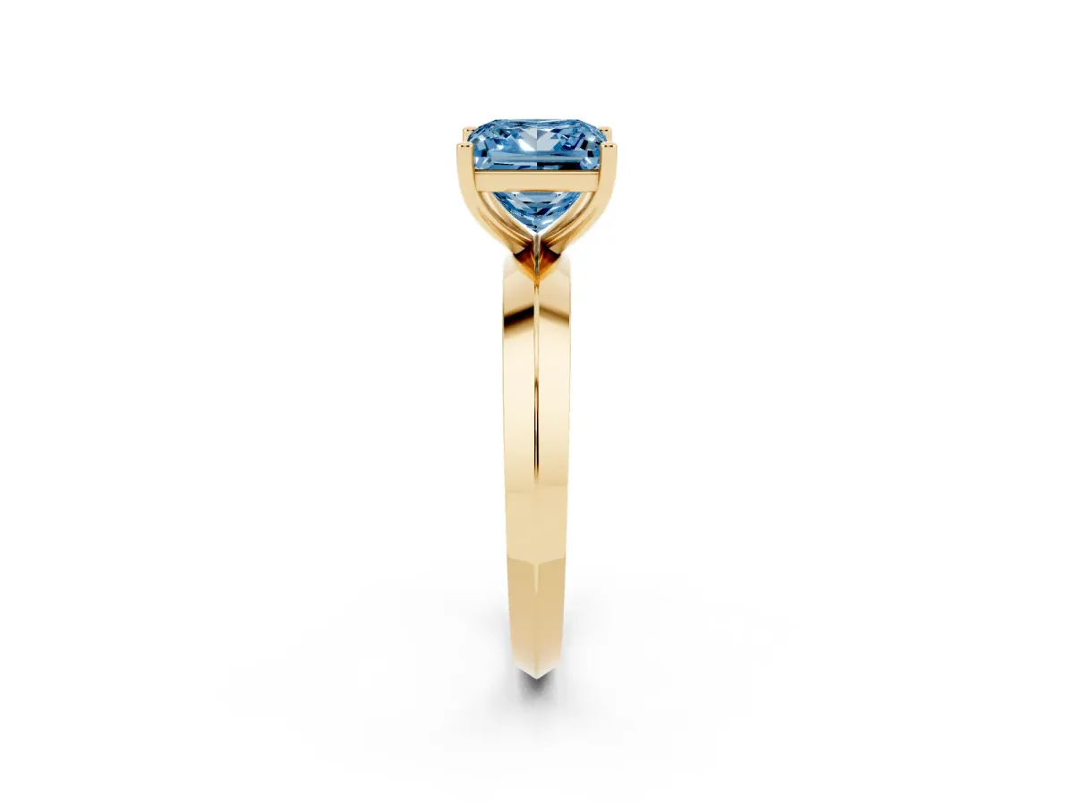 Fancy Blue Princess Cut Cut Solitaire Engagement Ring with Flat Band and Four-Prong Setting Yellow gold