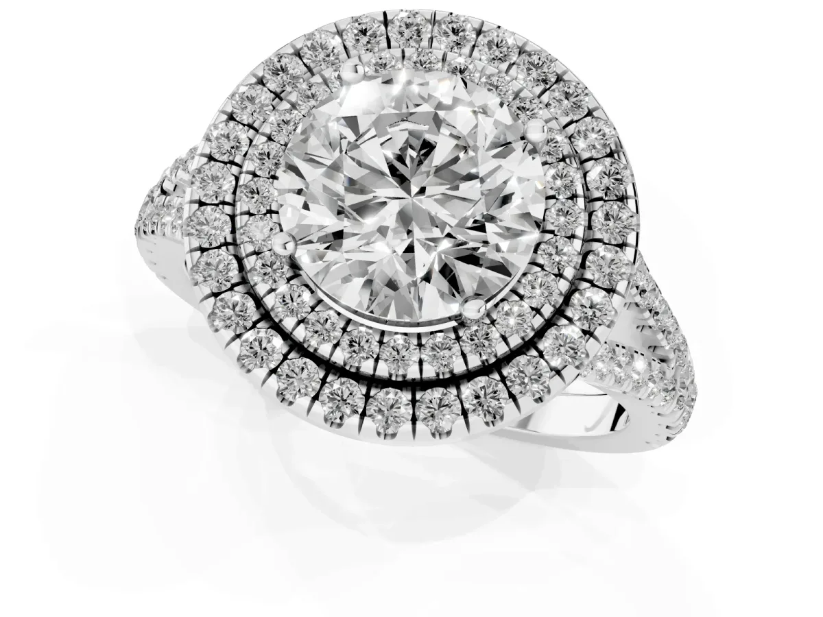 Round Cut Diamond Double Halo Ring with Pavé Band and Prong Setting Silver