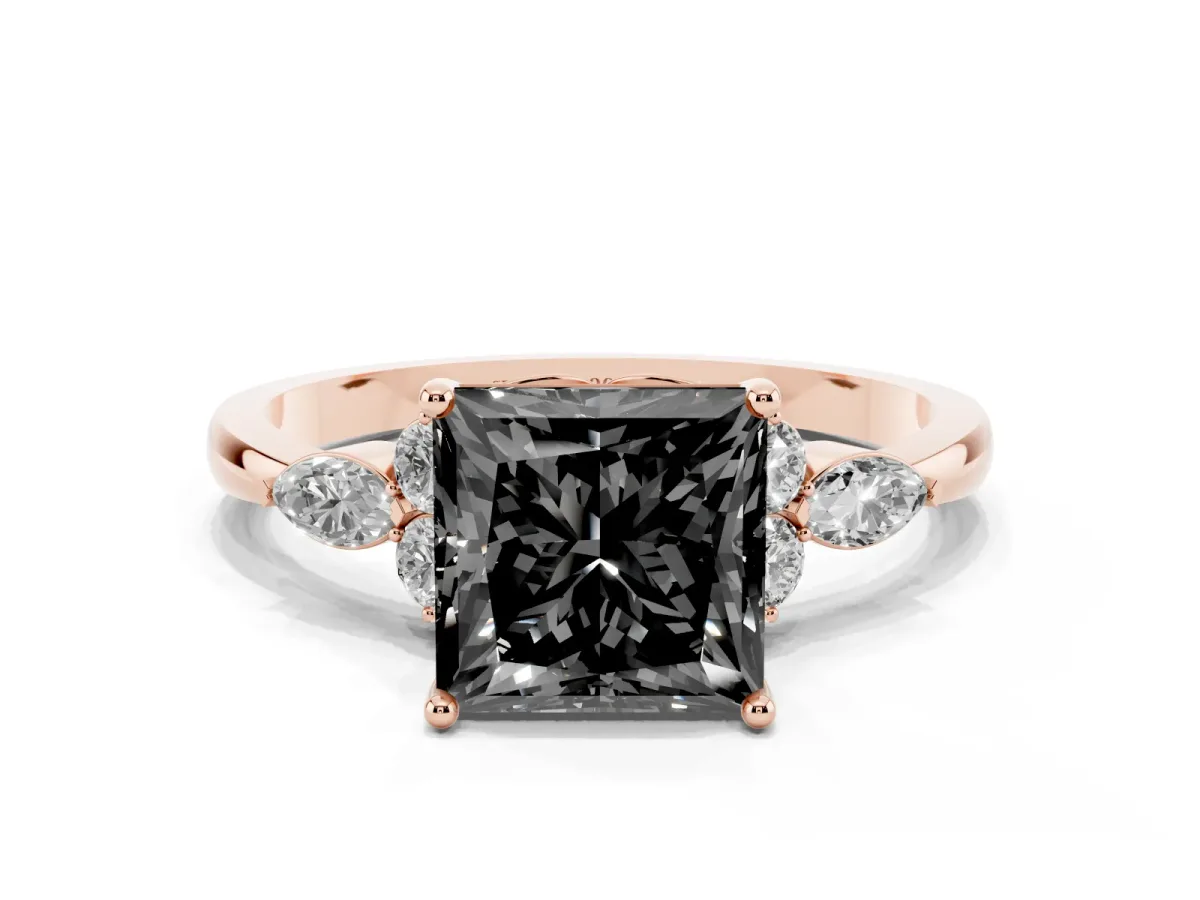 Fancy Black Princess Cut Brilliant Diamond Solitaire Ring with Pear Side Stones and Four-Prong Setting Rose gold