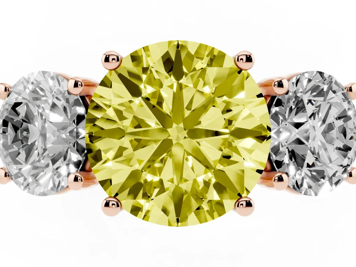 Fancy Yellow Three-Stone Round Cut Diamond Ring with Round Pavé Band and Prong Setting Rose gold
