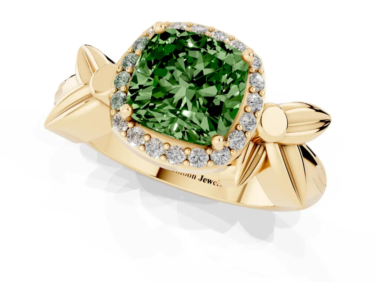 Fancy Green Cushion Cut Halo Diamond Floral Band with Four-Prong Setting Yellow gold