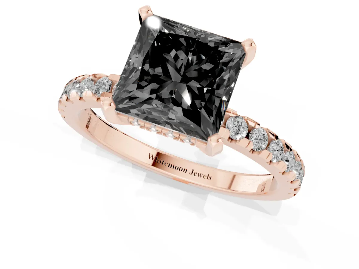 Fancy Black Princess Cut Diamond Solitaire Ring with Round Pavé Band and Four-Prong Setting Rose gold