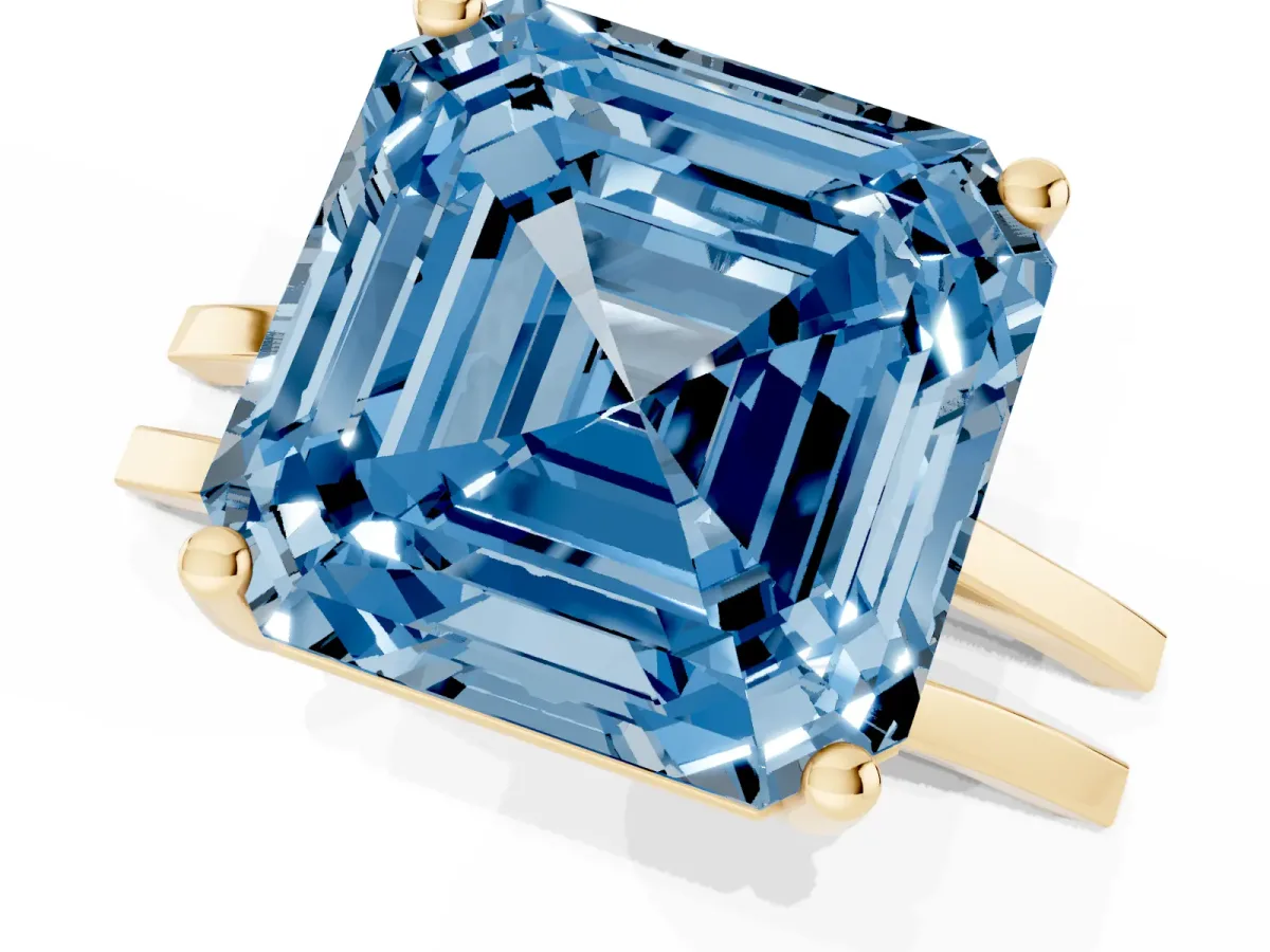 Fancy Blue Asscher Cut Cut Diamond Solitaire Engagement Ring with Tapered Plain Band and Four-Prong Setting Yellow gold