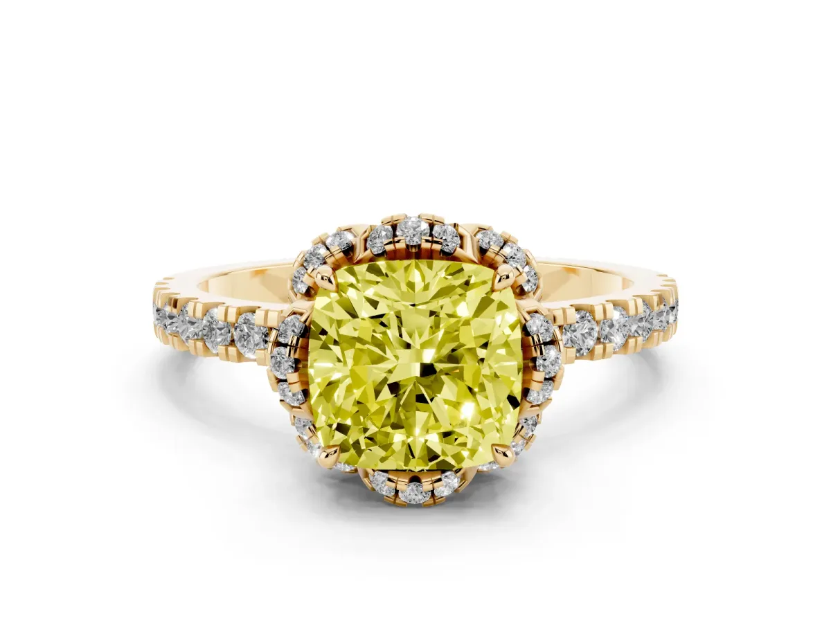 Fancy Yellow Cushion Cut Halo Diamond Pave Band Ring with Four-Prong Setting Yellow gold