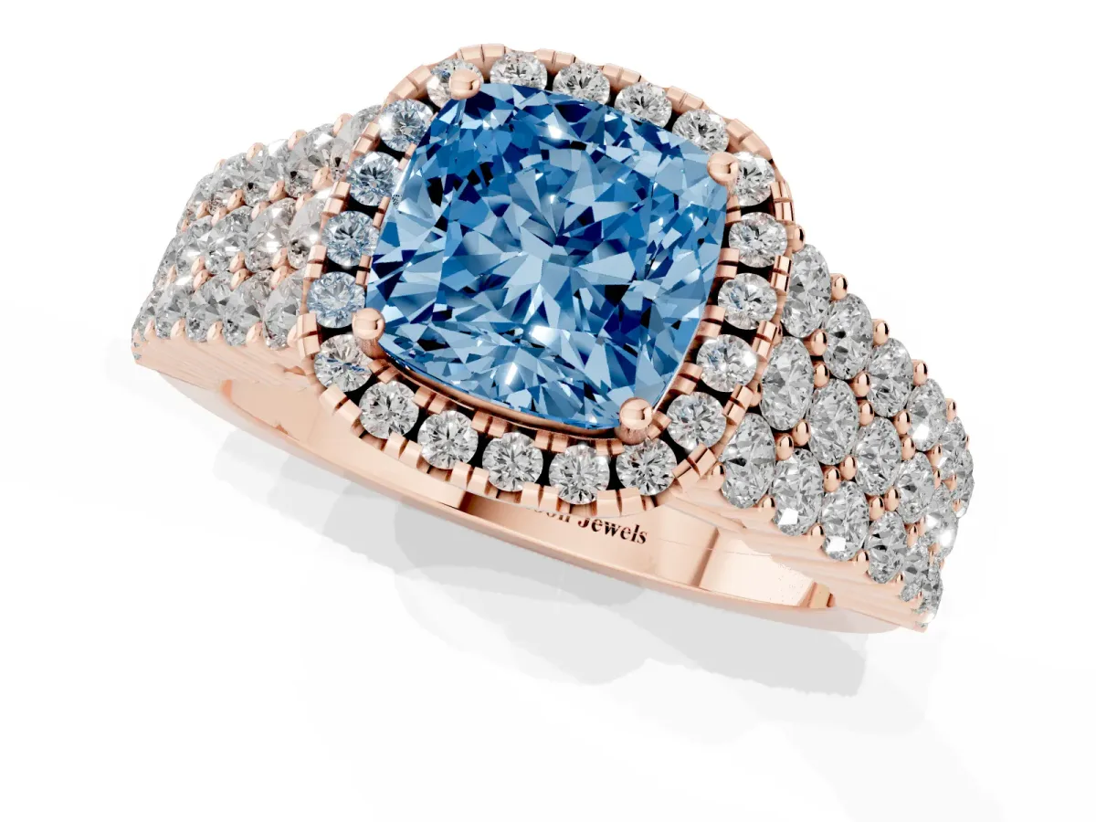 Fancy Blue Cushion Cut Diamond Halo Engagement Ring with Triple Row Round Pavé Band and Prong Setting Rose gold