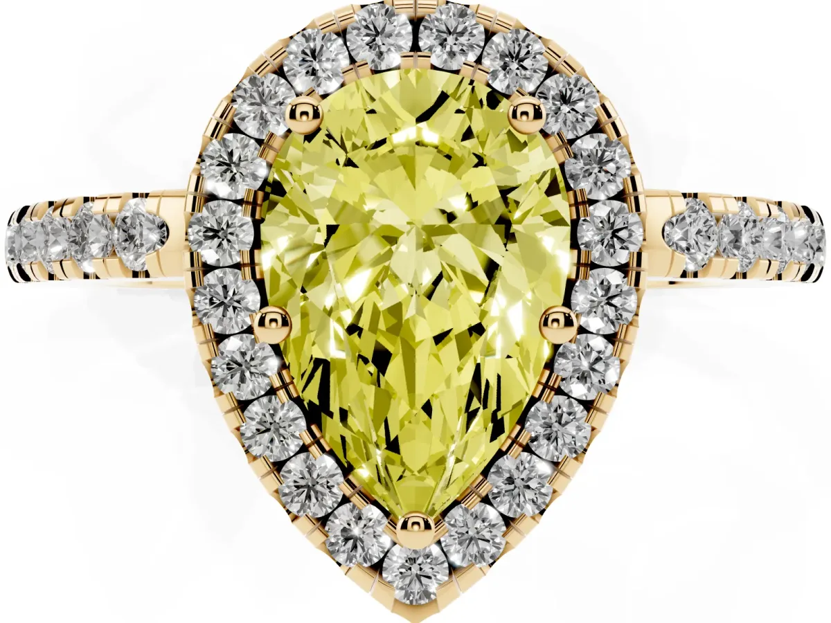 Fancy Yellow Pear Cut Halo Diamond Engagement Ring with Pavé Band and Four-Prong Setting Yellow gold
