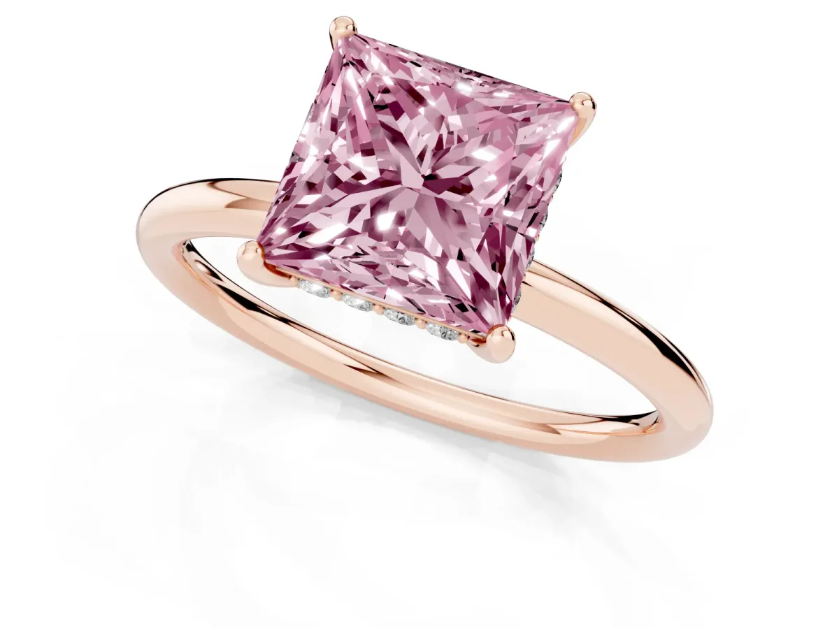 Fancy Pink Princess Cut Solitaire Diamond Ring with a Classic Band and Four-Prong Setting Rose gold