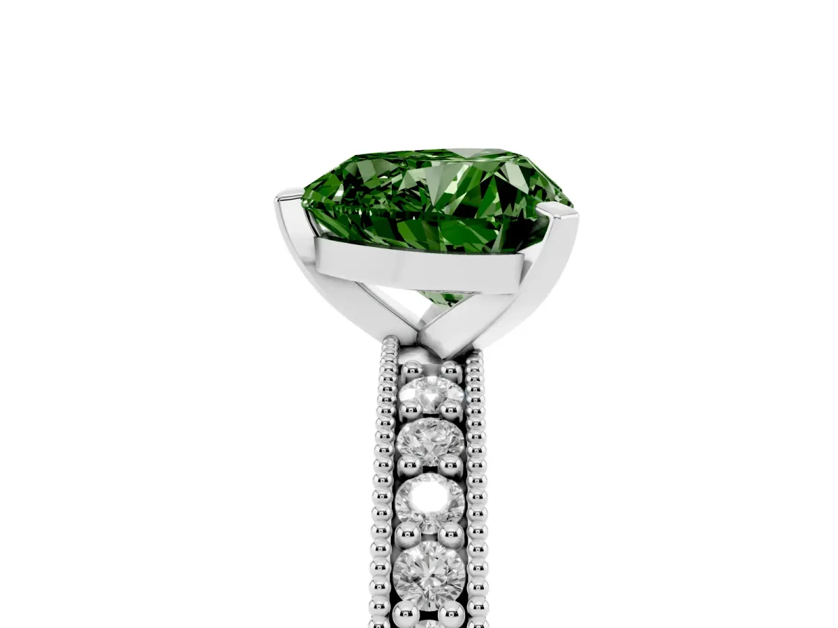 Fancy Green Heart Cut Diamond Milgrain Pavé Engagement Ring with Four-Prong Setting Silver