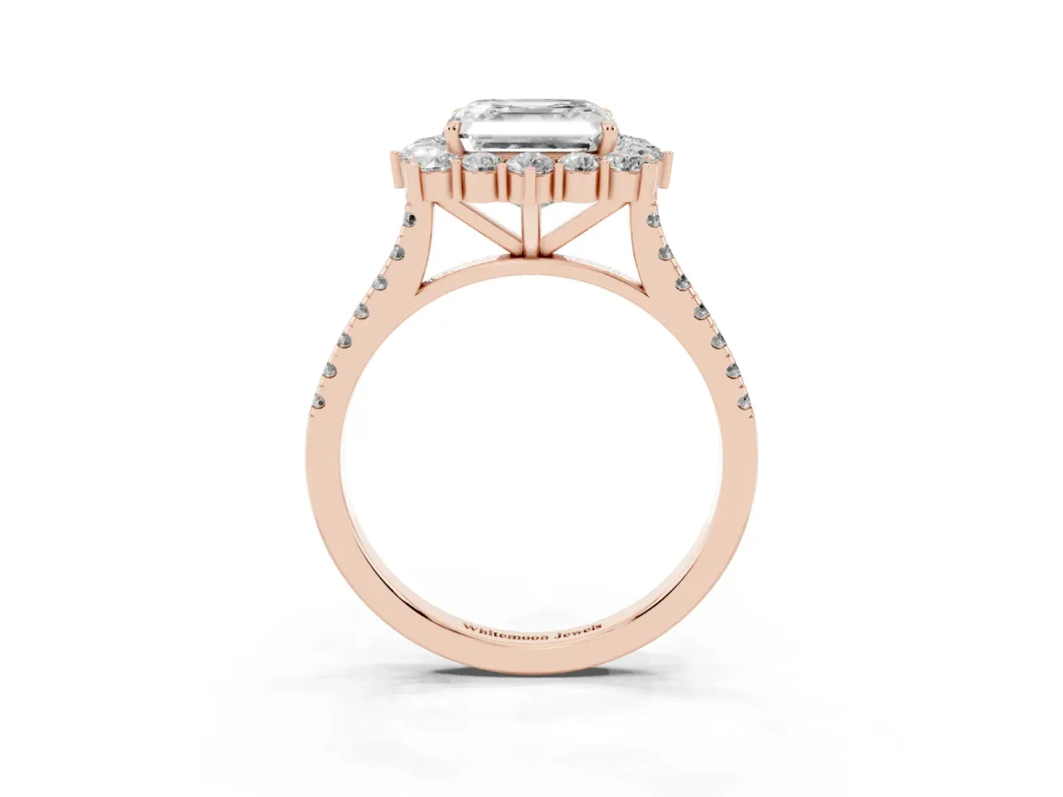 Asscher Cut Halo Diamond Ring with Pavé Band and Prong Setting Rose gold