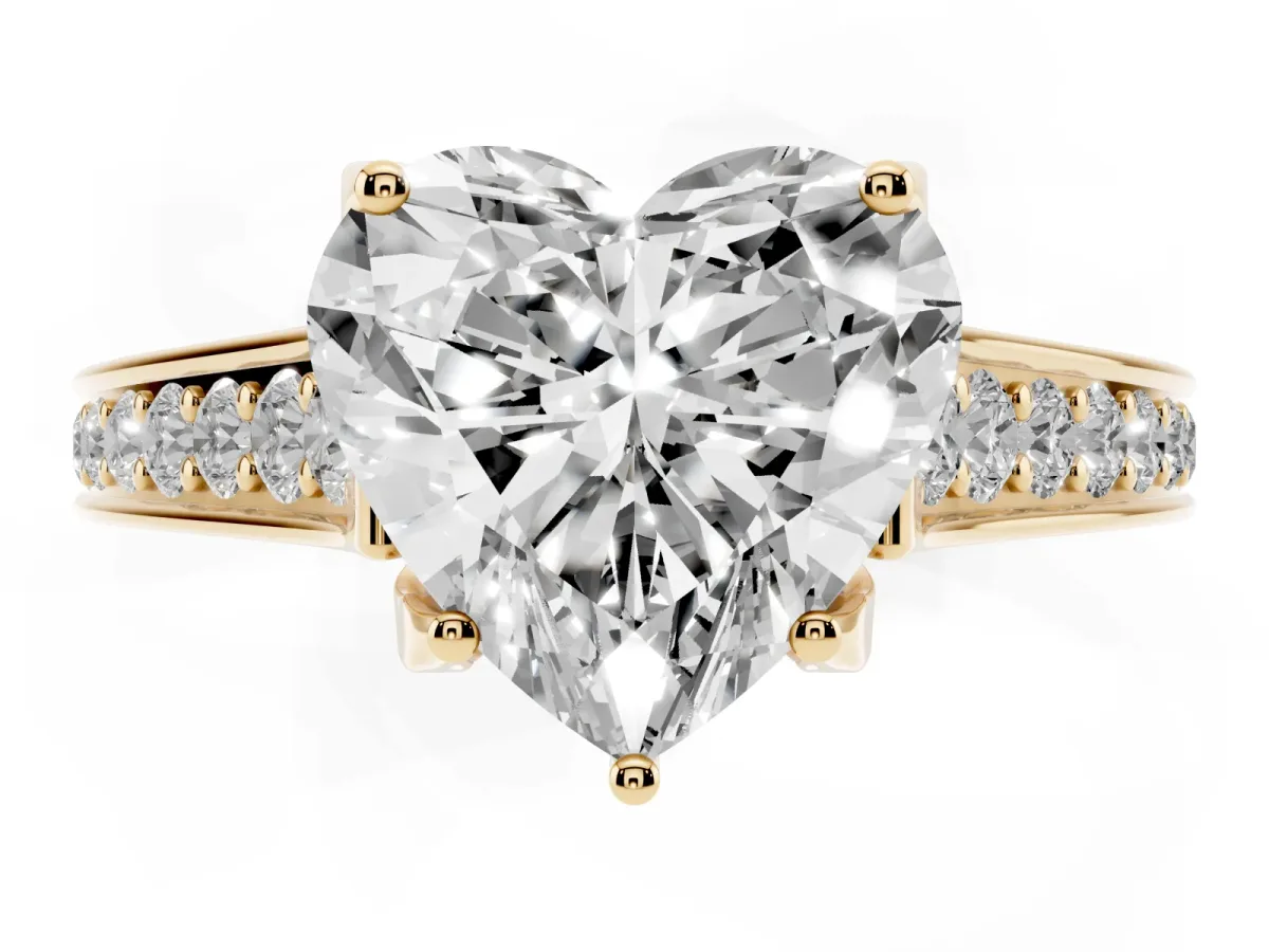 Heart Cut Brilliant Cut Diamond Engagement Ring with Pavé Band and Four-Prong Setting Yellow gold