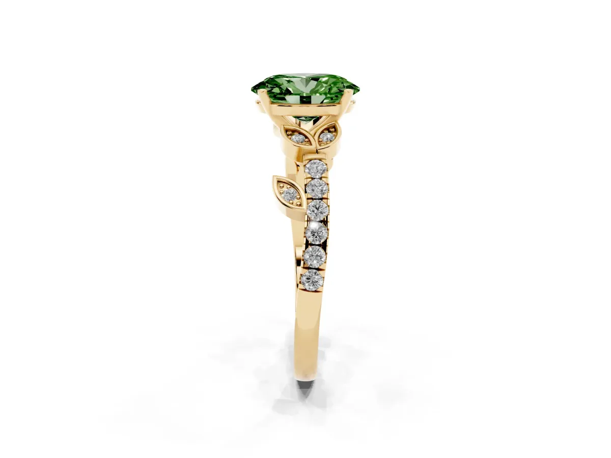 Fancy Green Oval Cut Solitaire Leaf-Inspired Diamond Ring with Pavé Band and Four-Prong Setting Yellow gold