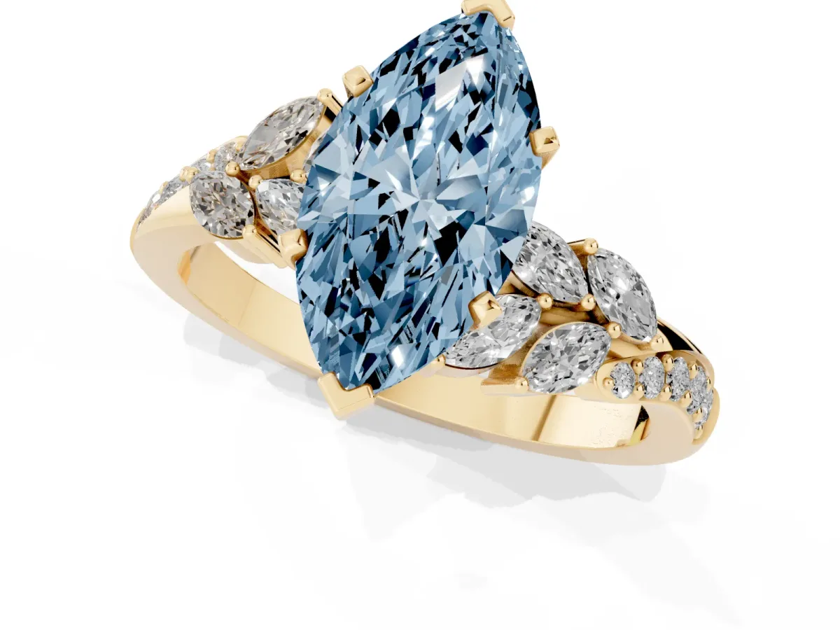 Fancy Blue Marquise Cut Solitaire Marquise Twist Band with Six-Prong Setting Yellow gold