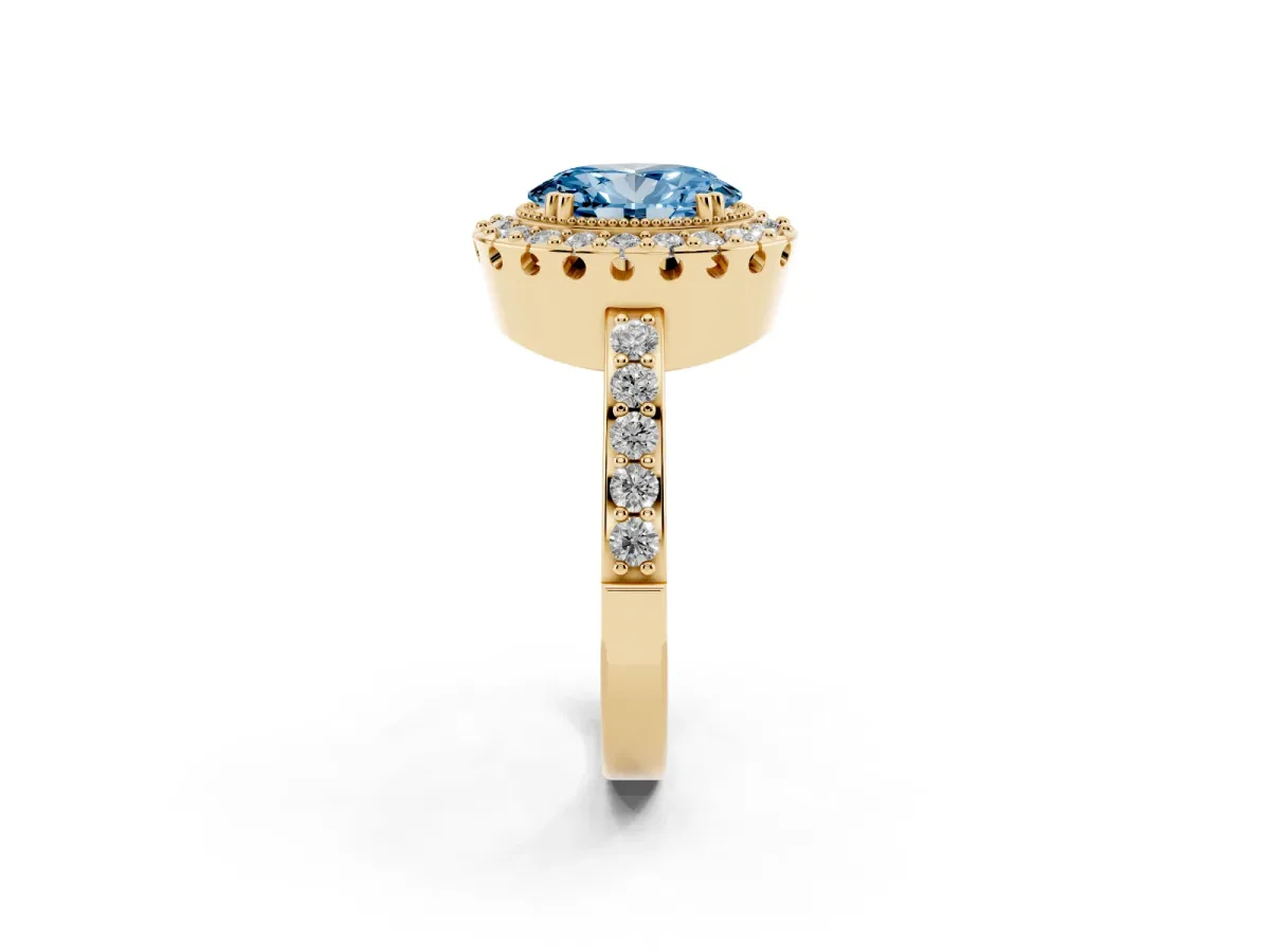 Fancy Blue Oval Cut Diamond Halo Ring with Pavé Band and Prong Setting Yellow gold