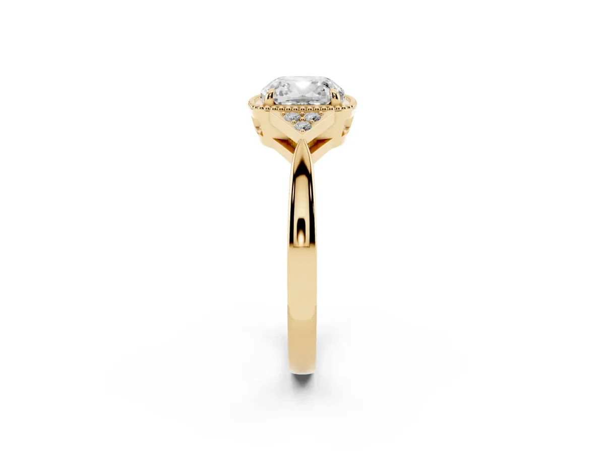 Hexagonal Halo Cushion Cut Diamond Solitaire with Pavé Band and Four-Prong Setting Yellow gold