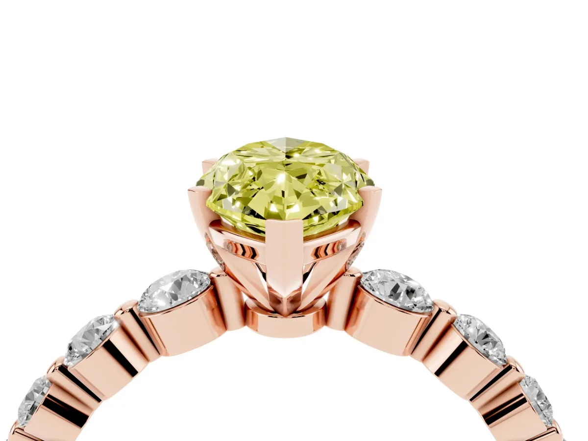 Fancy Yellow Marquise Cut Solitaire Diamond Ring with Pave Band and Four-Prong Setting Rose gold