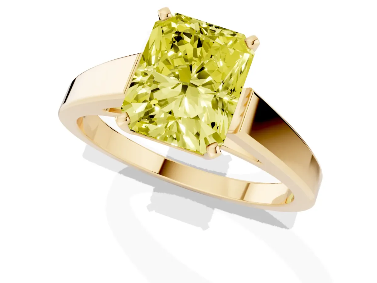 Fancy Yellow Radiant Cut Solitaire Engagement Ring with Four-Prong Setting and Tapered Band Yellow gold