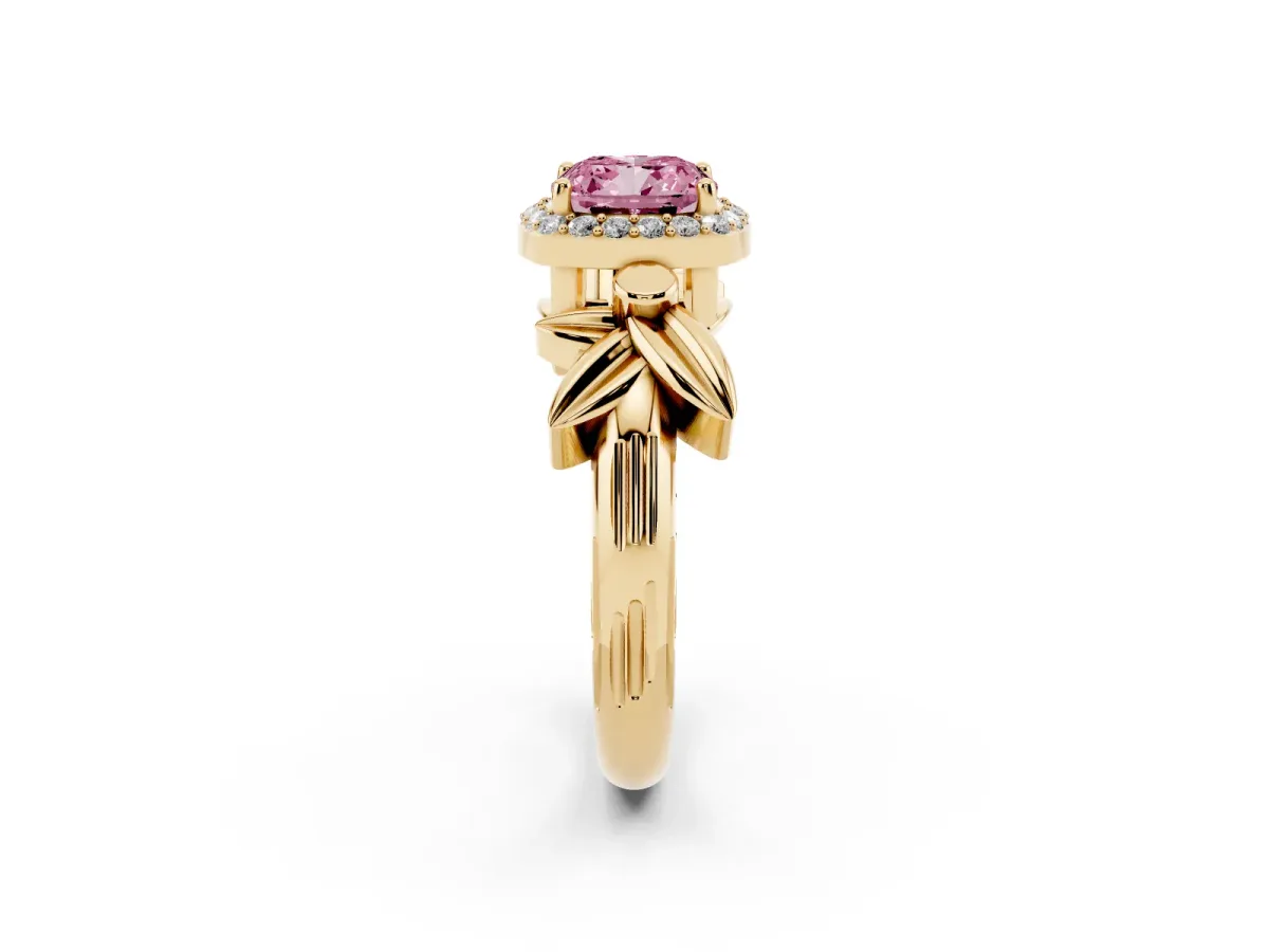 Fancy Pink Cushion Cut Halo Diamond Floral Band with Four-Prong Setting Yellow gold