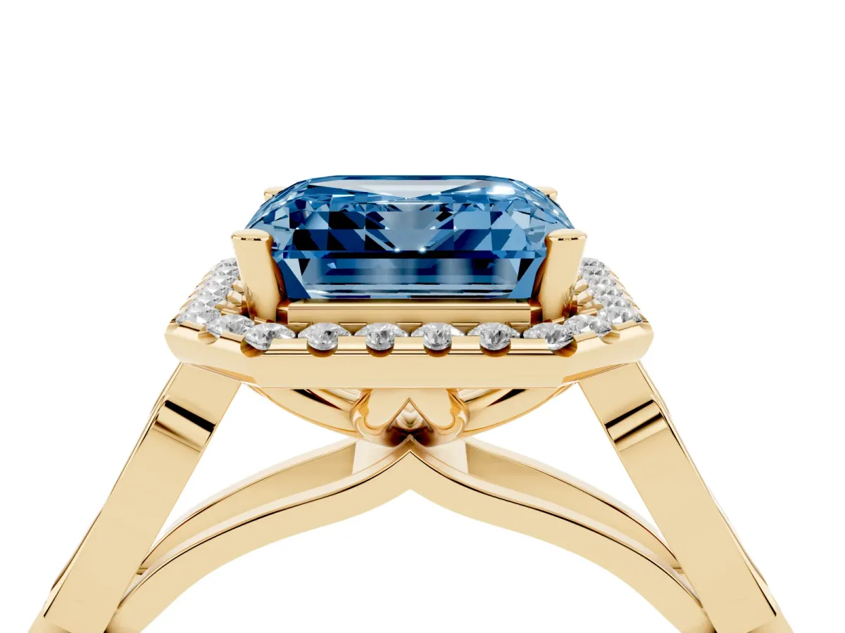 Fancy Blue Asscher Cut Halo Diamond Engagement Ring with Filigree Band and Four-Prong Setting Yellow gold