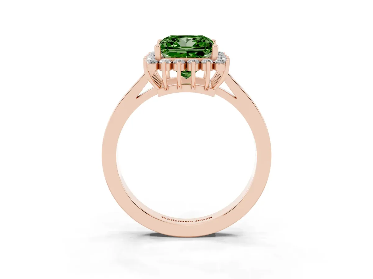 Fancy Green Princess Cut Cut Diamond Halo Ring with Round Brilliant Halo and Solitaire Band Rose gold
