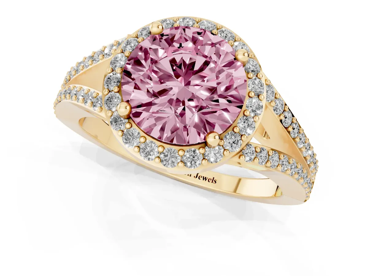 Fancy Pink Round Cut Halo Split Shank Diamond Ring with Prong Setting Yellow gold