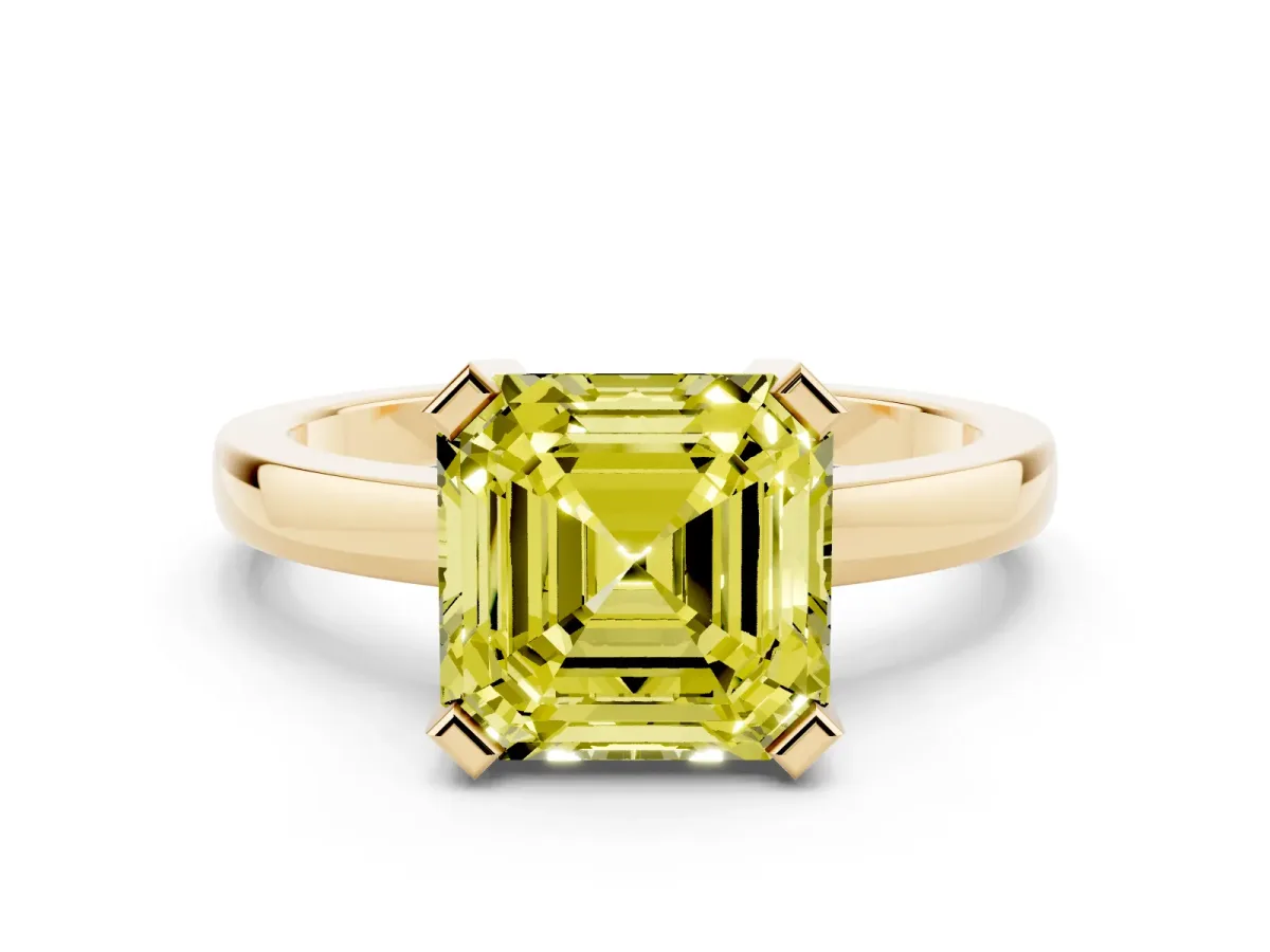 Fancy Yellow Asscher Cut Cut Solitaire Ring with Four-Prong Setting and Classic Band Yellow gold