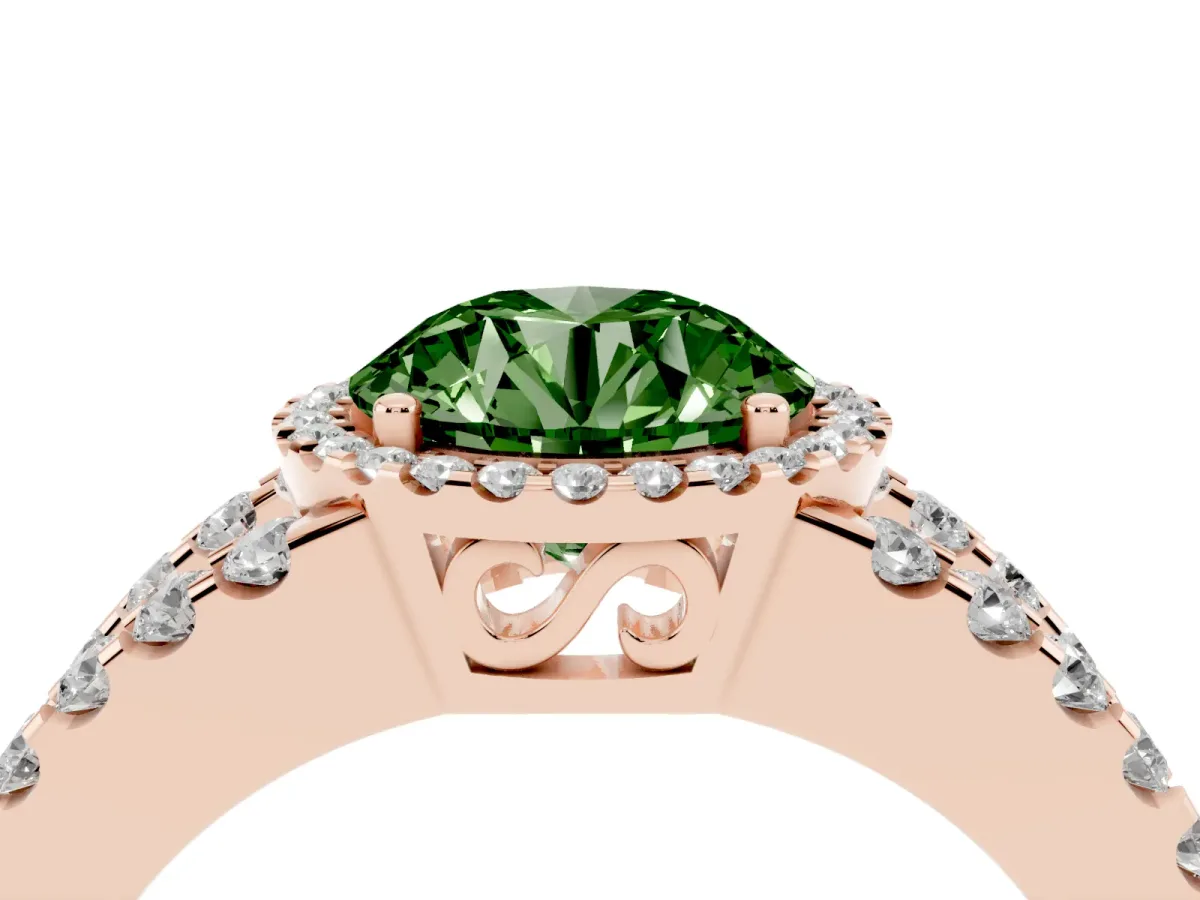 Fancy Green Round Cut Cut Halo Split Shank Diamond Ring with Four-Prong Setting Rose gold