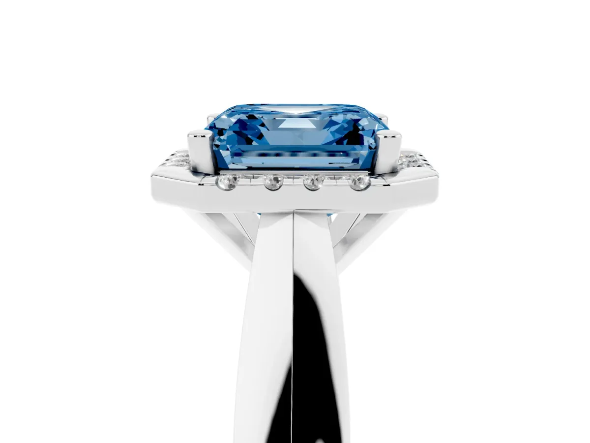 Fancy Blue Asscher Cut Cut Halo Solitaire Engagement Ring with Square Band and Four-Prong Setting White gold