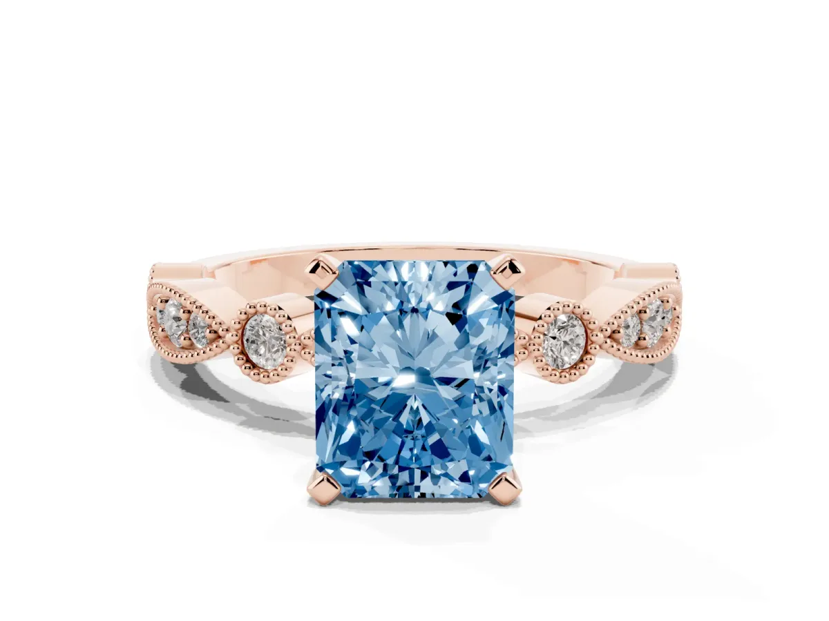 Fancy Blue Radiant Cut Milgrain Bezel Diamond Engagement Ring with Solitaire Prong Setting Rose gold