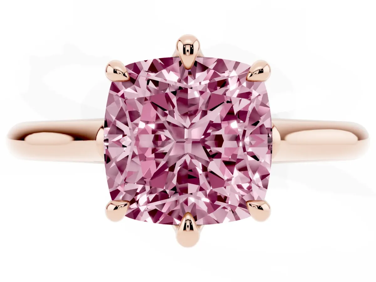 Fancy Pink Cushion Cut Solitaire Engagement Ring with Six-Prong Setting and Classic Band Rose gold