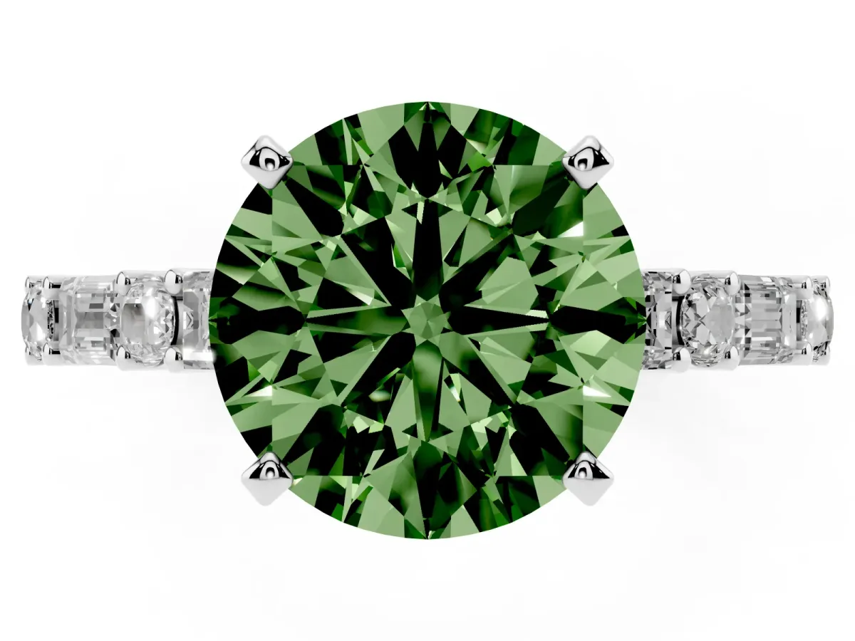 Fancy Green Round Cut Diamond Solitaire with Side Baguettes and Channel Set Band Silver